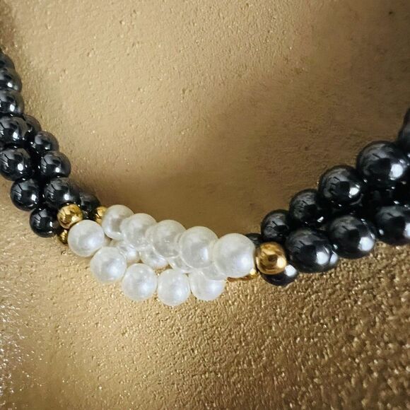 Vintage Twisted Hematite Faux Pearl Gold Beads Beaded Necklace 18” PRETTY 1080 - Picture 5 of 10